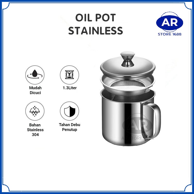 AR OIL POT 1.3Liter / WADAH SARINGAN MINYAK STAINLESS STEEL 1300ml / TEMPAT SARINGAN MINYAK GORENG