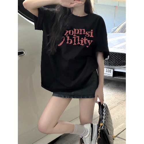 EUNII T-shirt Lengan Pendek Design Sense Pink English Korean Style/Kaos Atasan Wanita/Baju Kaus Oversize Wanita/Kaos Wanita