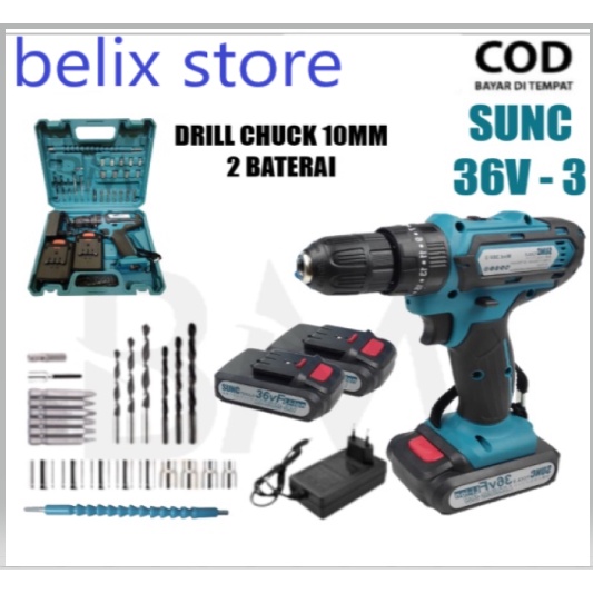 SUNC Mesin Bor 2 Baterai 36V Cordless Variable Speed Set Box