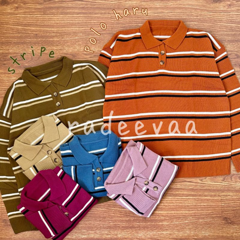 SWEATER KNIT POLO HARU STRIPE ATASAN RAJUT OVERSIZE BERKERAH KERAH MOTIF GARIS