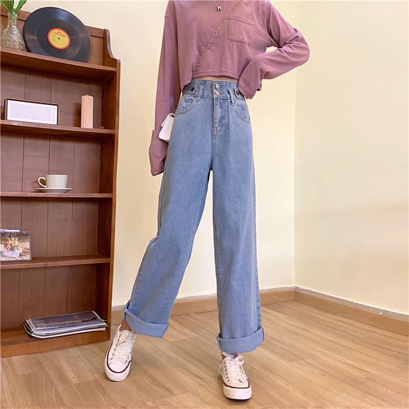 EUNII Celana Panjang Jeans Wanita Boyfriend Loose High Waist Korean Style Jeans