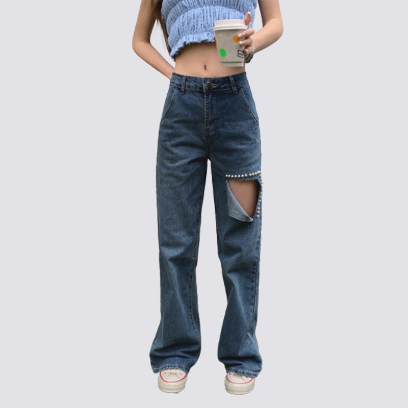XIAOZHAINV  Celana Sobek Jeans Panjang Wanita jeans wanita high waist jeans Korean Style 1148