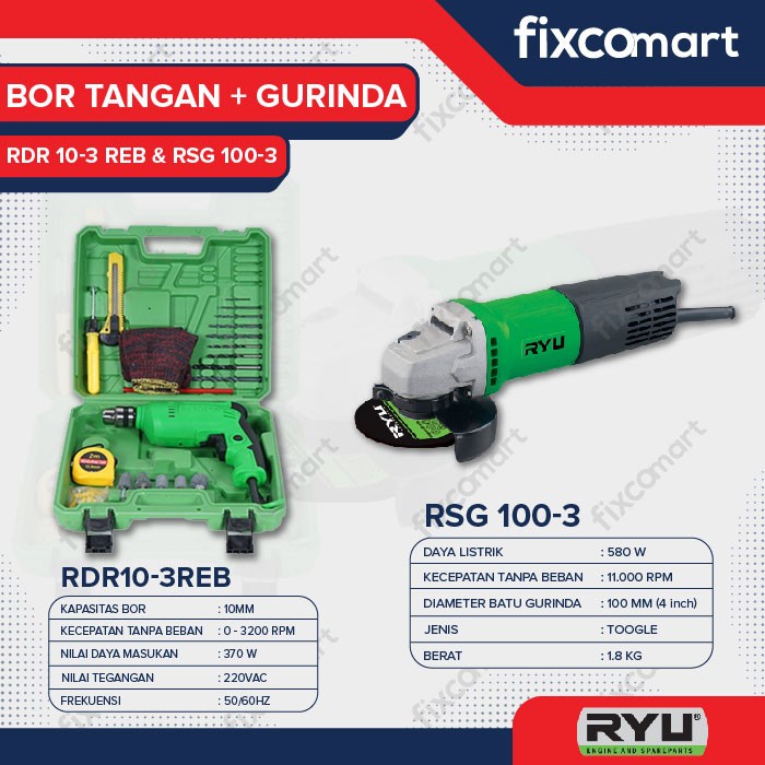 RYU Paket Mesin Bor Rdr 10-3 Reb 10 Mm Dan Mesin Gurinda Tangan 4 Inch Rsg 100-3