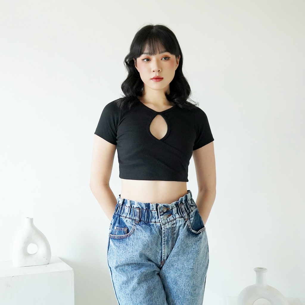 Korean Crop Top O-Neck Top Knit Wanita Polos 155