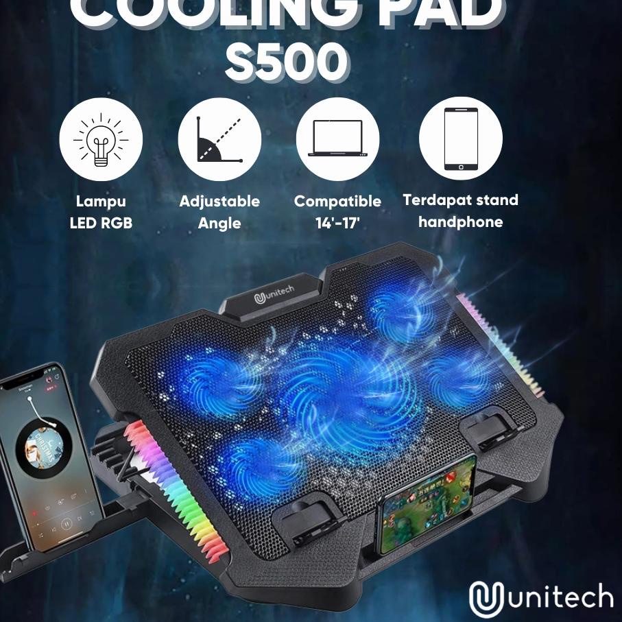 ▼ Coolingpad Gaming Unitech 5 kipas RGB Plus Docking Handphone S500 / Kipas Laptop Gaming Up to 17" 