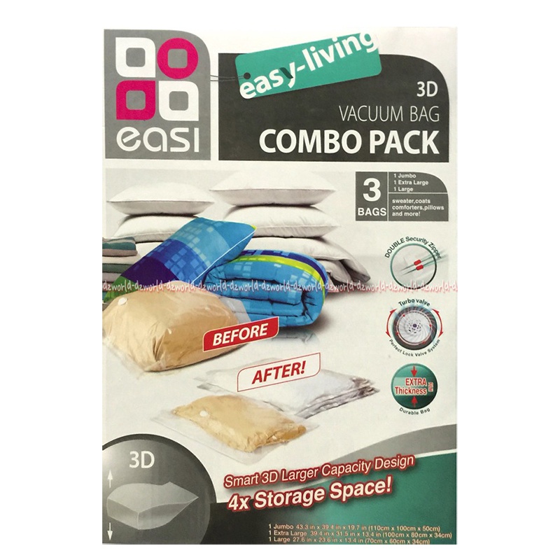 Stora Easi Vacuum Bag Combo Pack 3D Isi 3pcs Easy living 4x lebih Hemat Tempat Plastik Vakum Untuk Selimut Bantal Hordeng Produk Ukuran Besar Easy-Livi