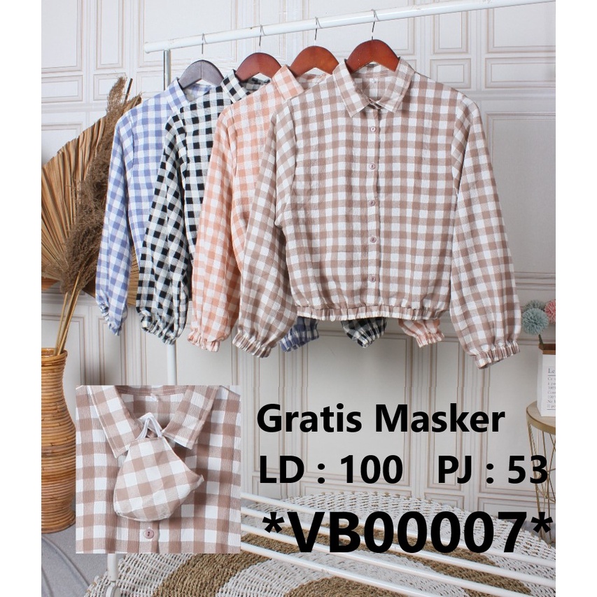 VT Kemeja Kotak kotak Wanita Crop Blouse Cewek Lengan Panjang Baju Kemeja Perempuan Kekinian VB0007