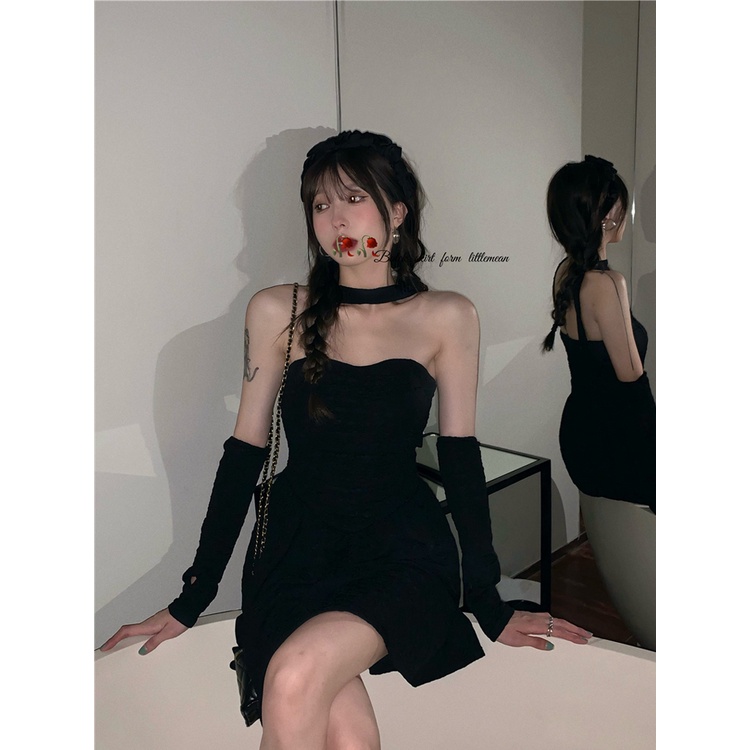 Red Keinginan Murni Angin Halter Leher Tube Top Rok Wanita Musim Panas Gadis Pinggang Lengan Lengan Gaun Seksi Slim Putih rok A-line