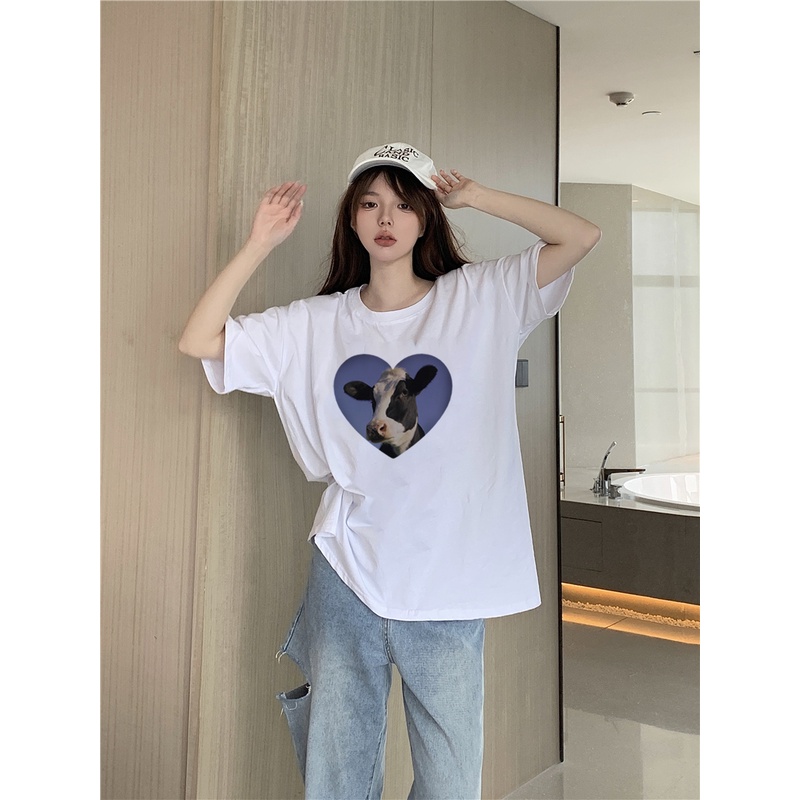 XIAOZHAINV Kaos Atasan Wanita Love And Cows Pattern Lengan Pendek A0333