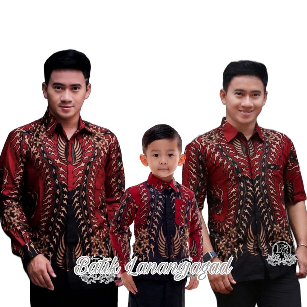 Batik Pria Couple Batik Ayah dan Anak Laki Laki Kemeja Batik Anak Cowok Warna Merah Moti Bernekel