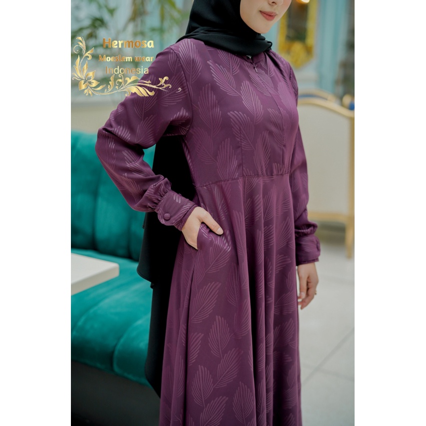 (Hermosa) Gamis embos hermosa motif daun warna tosca, dusty pink, ungu-gamis syari-gamis premium