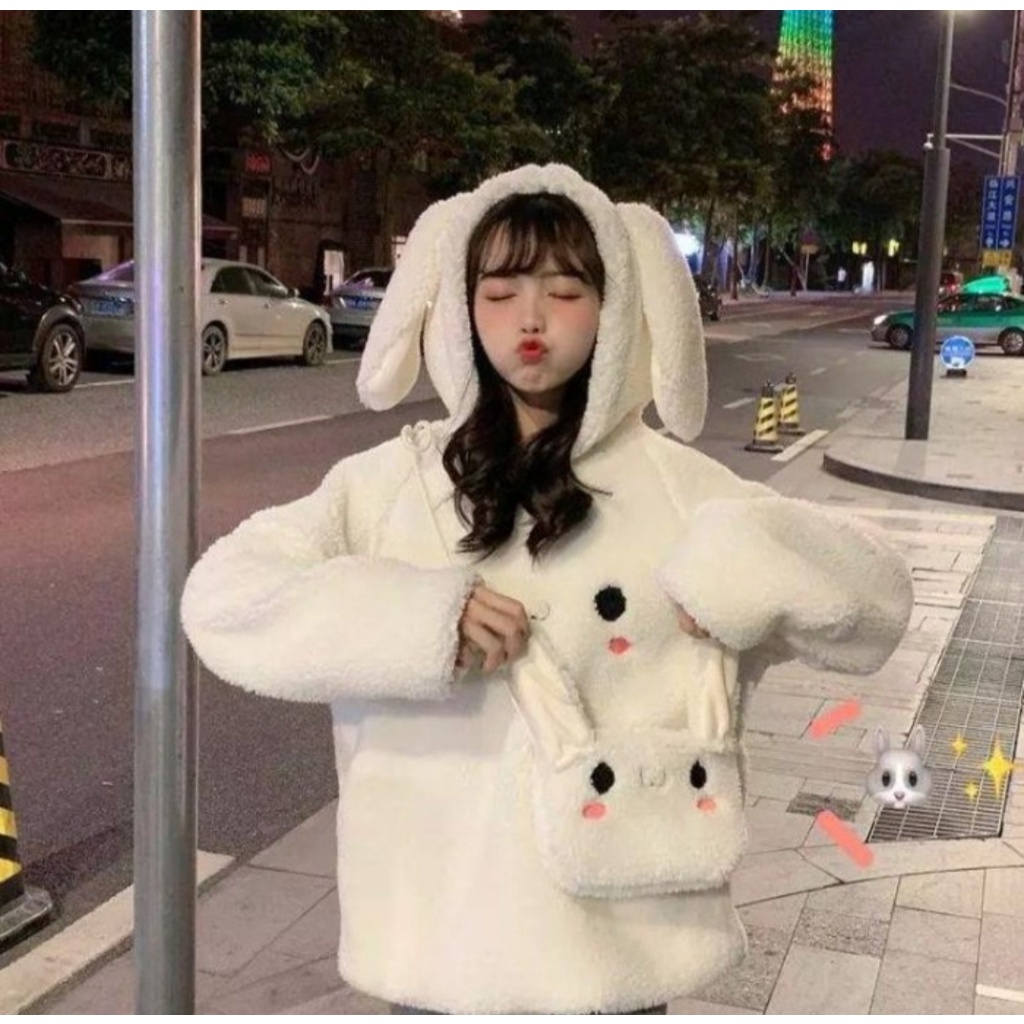 EAR RABBIT HOODIE WANITA BAHAN FLEECE KOREAN FASHION OUTFIT SANTAI KEKINIAN