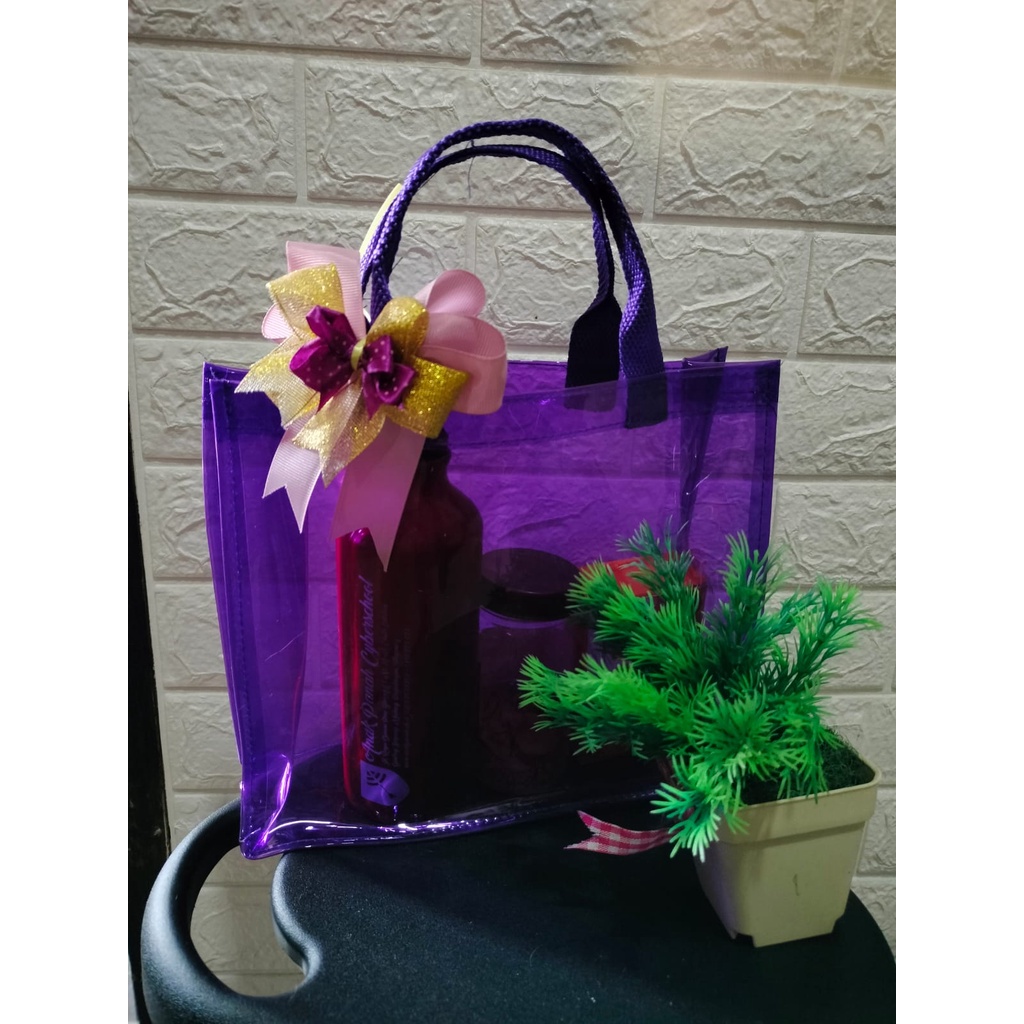 tas mika warna ungu tali webbing kuat size 25*7*22 cm totebag humpers bahan PVC model terbaru bisa custom dengan minimal pemesanan tanpa pita