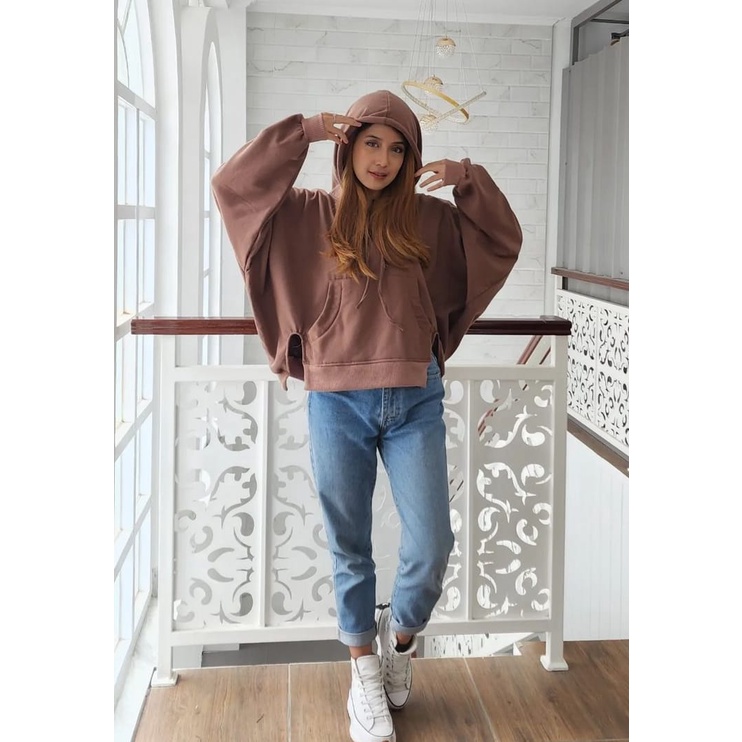 Sweater Hoodie Batwing Oversize Slit Hoodie | Sweater Wanita Bigsize | Sweater Hoodie Korean Style