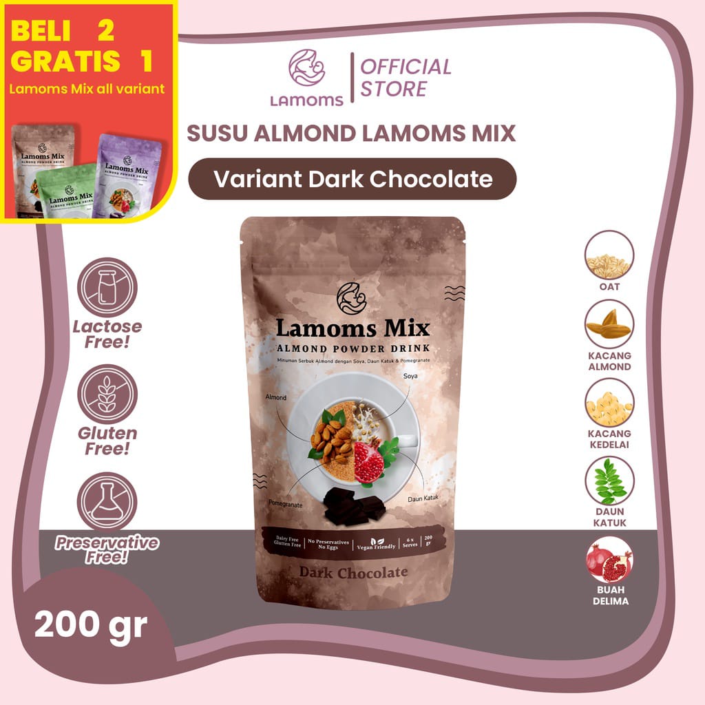 

[BELI 2 GRATIS 1] Susu Almond Lamoms Mix – ASI Banyak & Kental Bernutrisi – 200gr – Almond, Oat, Soya, Katuk, Pomegranate