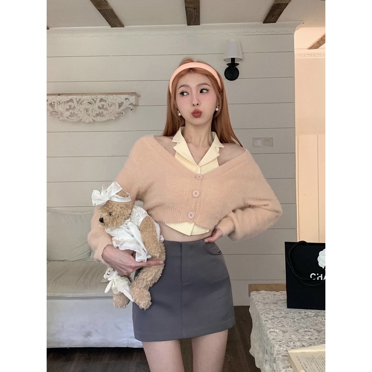 Red kumikumi sweet hot girl suit short knitted cardigan female hanging neck vest spring and summer bag hip skirt three-piece set