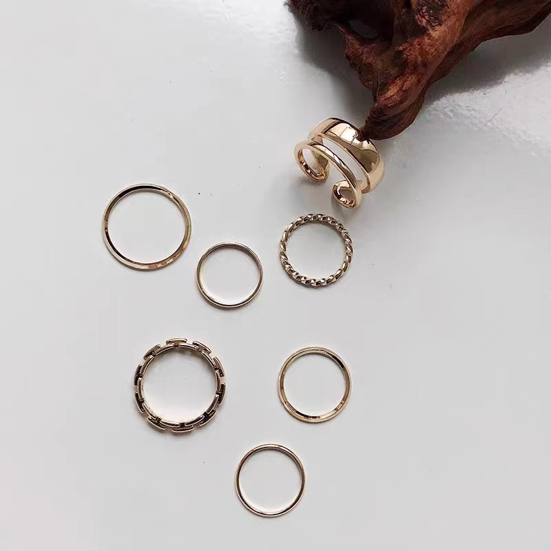 Cincin Magdalena 7 in 1 Set Ring 7pcs / Set Cincin Rantai Emas Model Terbuka Gaya Retro Korea Untuk Aksesoris Perhiasan
