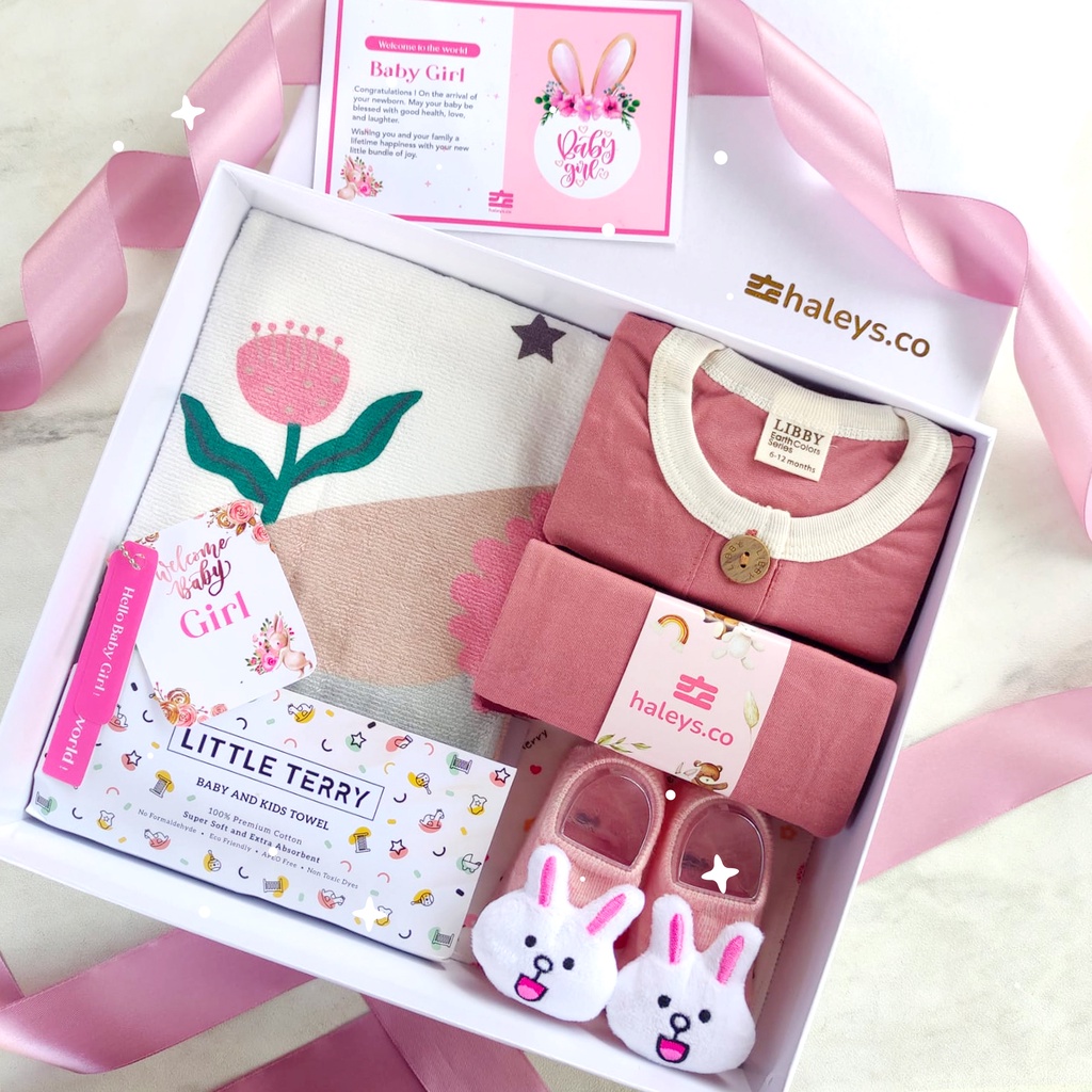 Haleys.co | Baby Hampers Ruby Little Terry  Paket Kado Baby Girl 0-12 month | Kado Lahiran Premium | Baby Gift Box |  Kado Bayi | Hampers Baby Girl | Hampers Bayi Perempuan  VARIAN LIBBY MAROON RUBY + TOWEL LITTLE TERRY ALPACA Pemberian yang terbaik untu