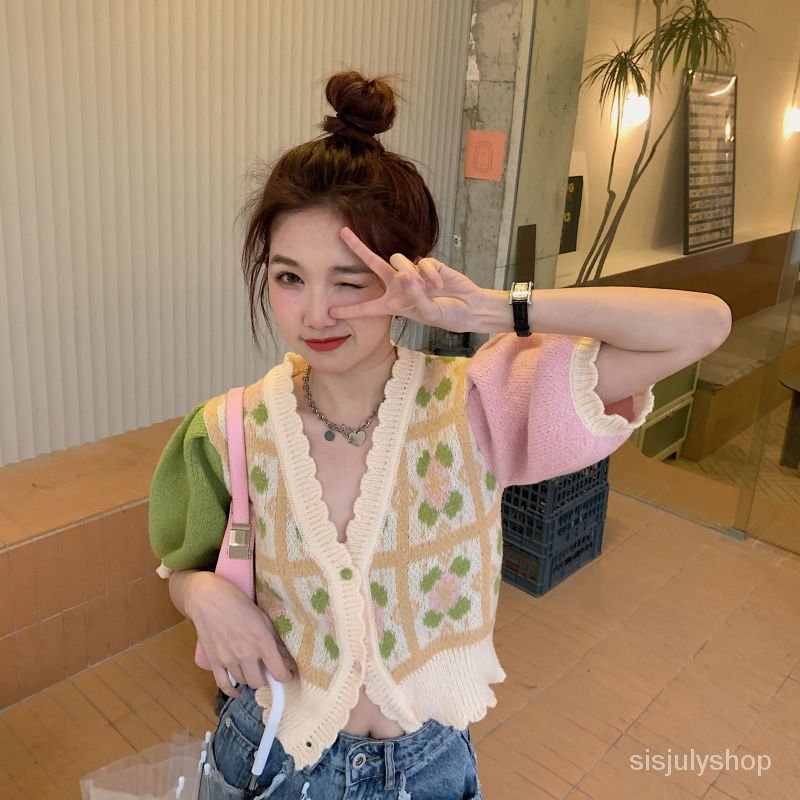 Kardigan rajut n-neck warna kontras wanita musim semi 2023 new loose short top wanita