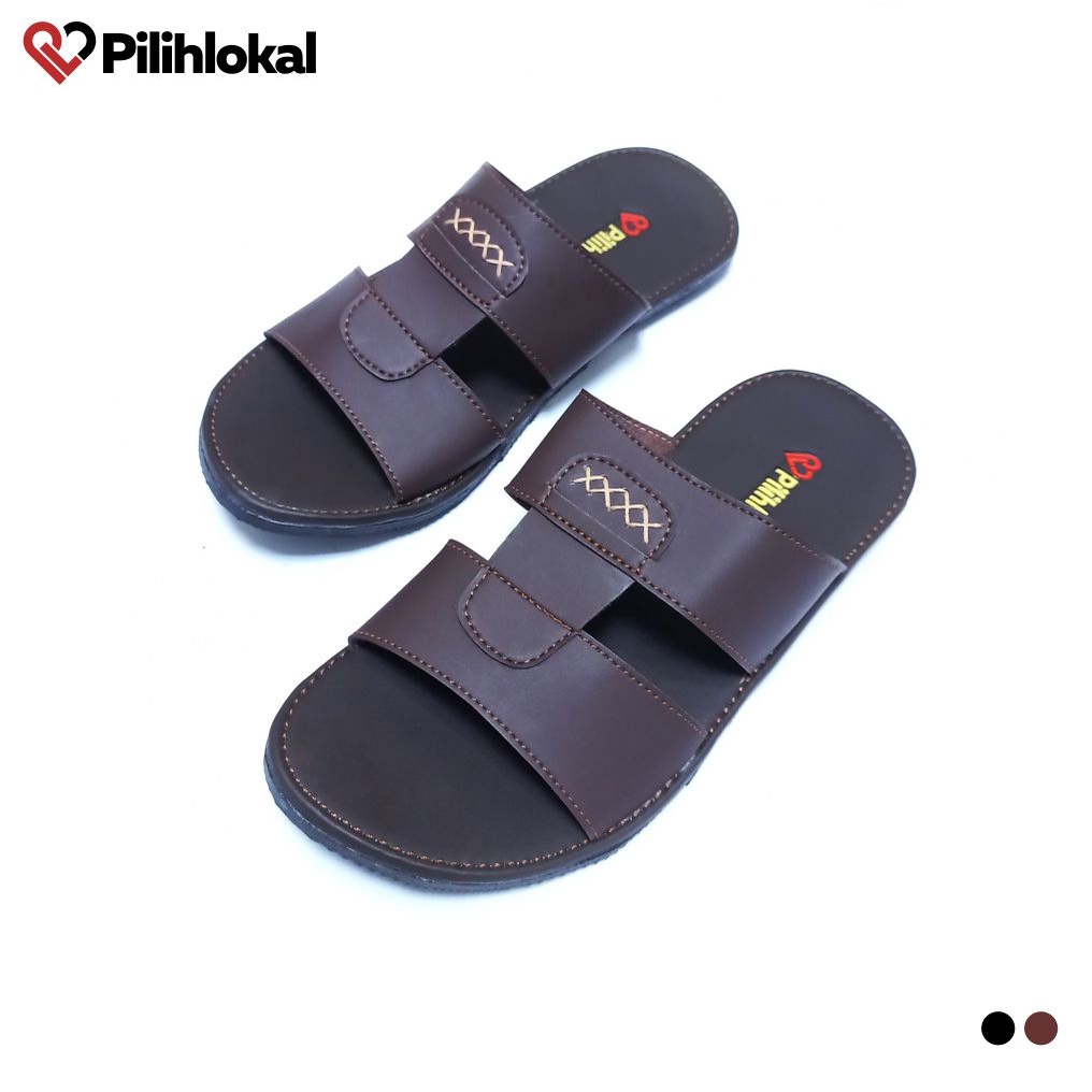 Pilihlokal - Sandal Selop Kulit Pria Dewasa Casual Terbaru 2023 Ukuran Besar Jumbo - Sendal Slip on Cowok Remaja Distro Kekinian Bahan Karet Tebal Anti Licin Lentur Murah Terlaris - Sandal Slop Laki Laki Kasual Untuk Undangan Lebaran Warna Hitam Coklat