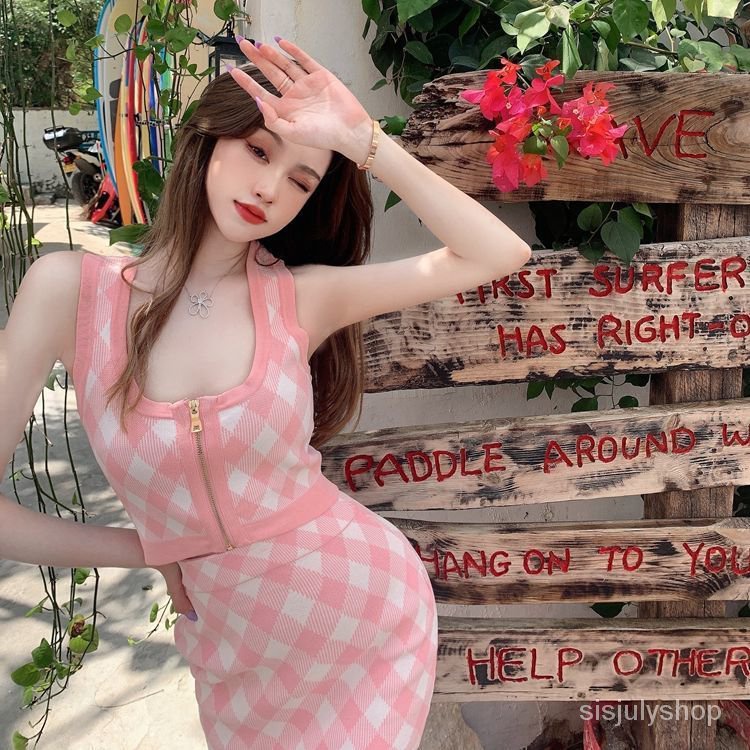 [✅BISA COD] #Sisjuly# Setelan Wanita Kekinian Dua potong Tangki Halter Wanita Pink Halter Musim Pana