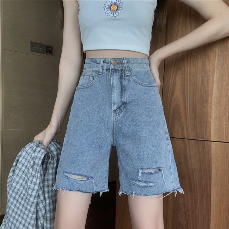 Celana Pendek Wanita Terbaru Celana Bahan Korean Style Ripped Jeans High Waist