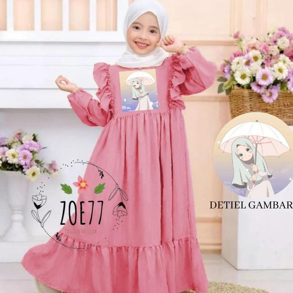 Baju Muslim Anak Perempuan Gamis Viral Anak perempuan cringkle premium rufle daily look usia tanggun