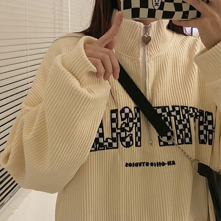 Red American Polo Shirt Corduroy Sweater Wanita Versi Korea Desain Longgar Rasa Niche Lazy Wind Retro Jaket Musim Semi dan Musim Gugur