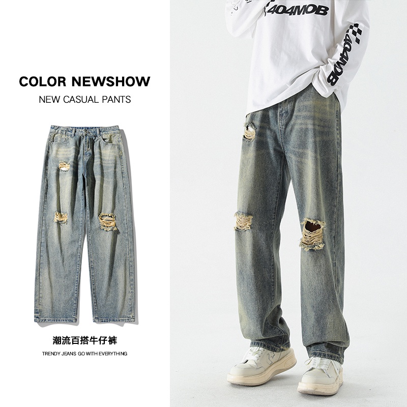 Celana Jeans Sobek Pria Celana Denim Panjang Robek Ripped Cowok Versi Korea Pants K502