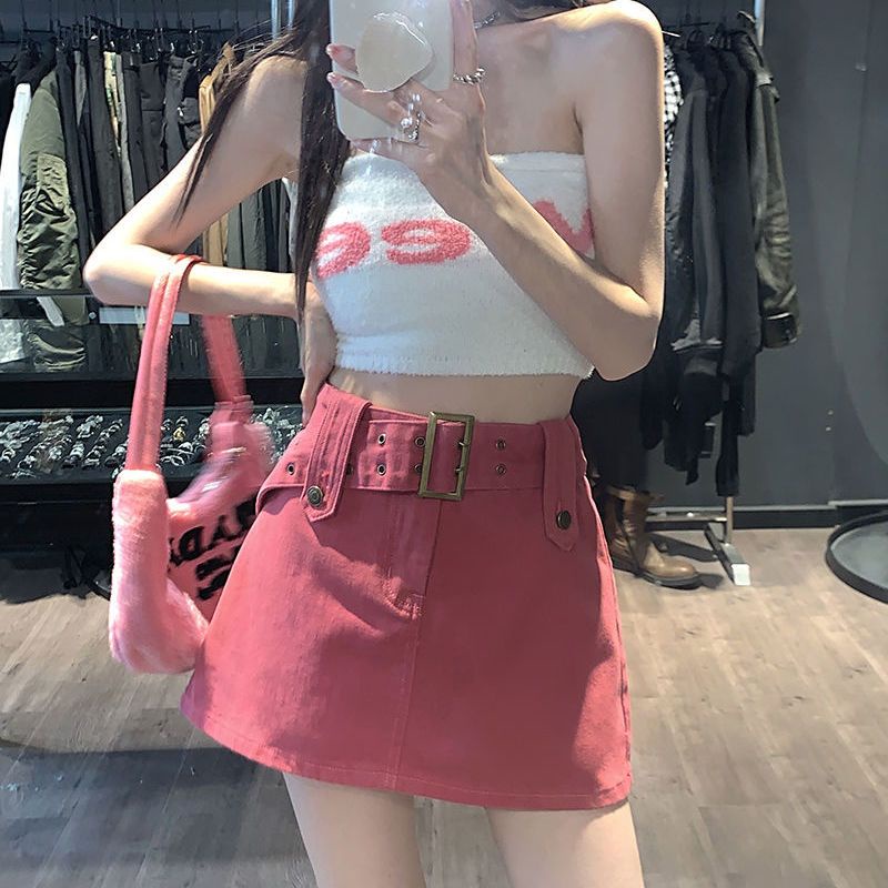 Red [Pengiriman dalam 48 jam] Millennium Spice Girls Denim Rok Wanita Musim Panas Baru Pinggang Tinggi Retro Ramping Rok A-line Paket Anti-ringan Rok Pinggul