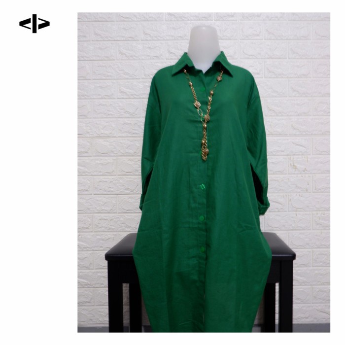 Gamis Wanita Bahan Katun Rami Kemeja Tunik Wanita Warna Hijau Ungu Kuning - Hijau A0H8