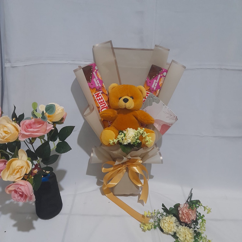Buket boneka double coklat/buket coklat boneka/buket silverequeen boneka