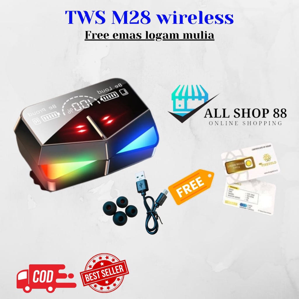 TWS M28 LED FREE EMAS LOGAM MULIA - HEADSET BLUETOOTH WIRELESS GAMING M28 LED