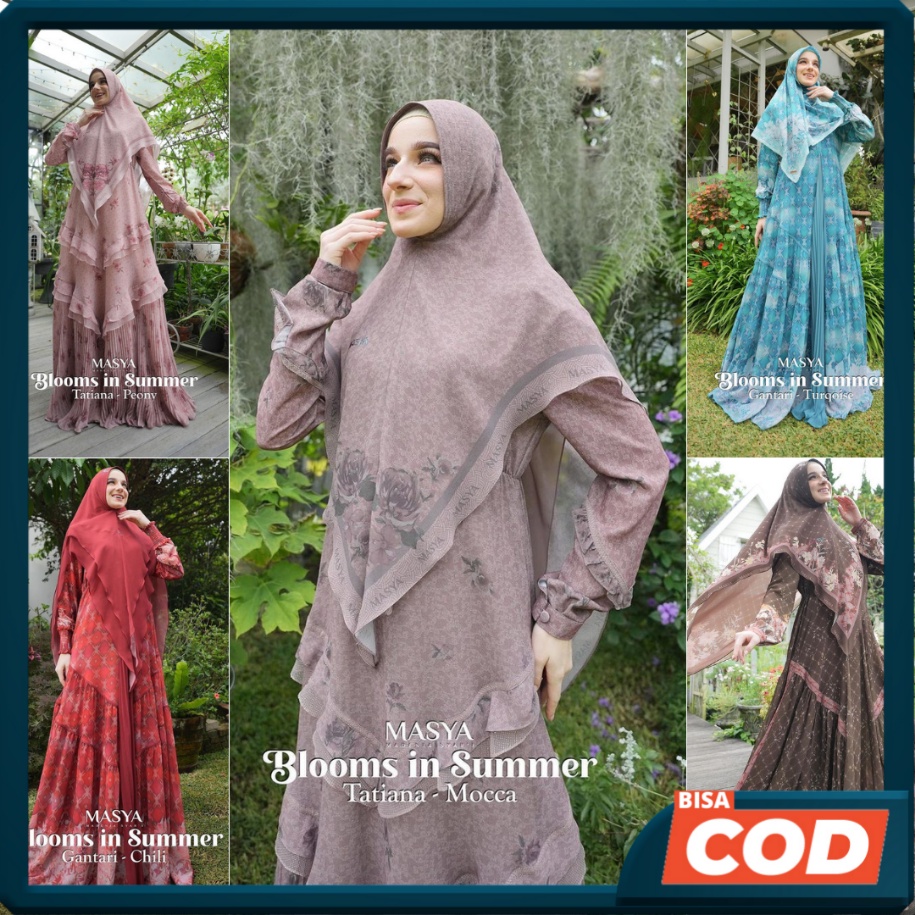BIS Set Gamis Dress Ceruty Babydoll Printing Syari Maroon - Merah - Coklat Susu - Mocca - Coklat Tua