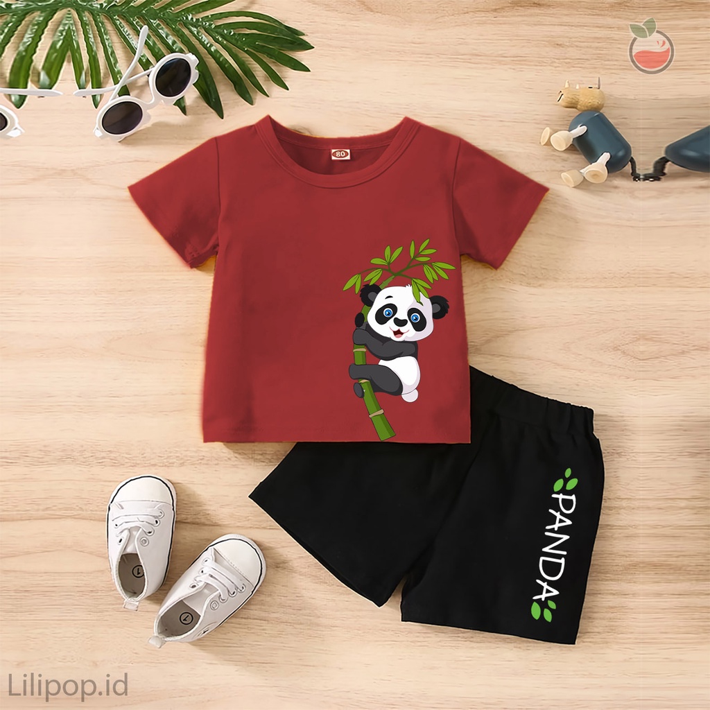 Baju Anak Stelan Kaos 3/4 panda Cowok Cewek  Usia 1 - 4 Tahun Celana Pendek Harian