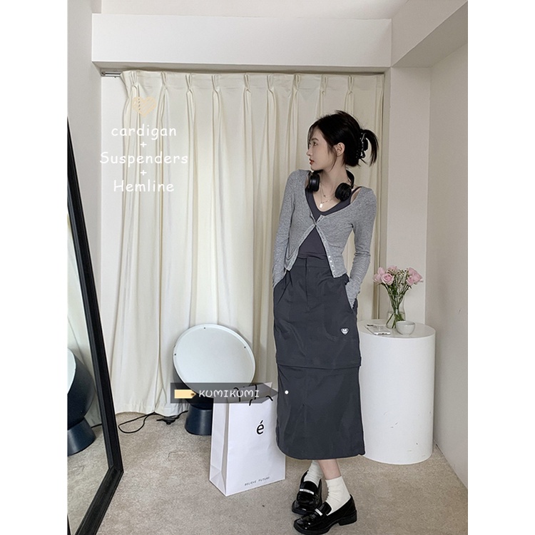 Red High-End Fashion Wanita Musim Panas Lengan Panjang Tabir Surya Cardigan Top Kamisol Perkakas Rok Tiga Potong Trendi