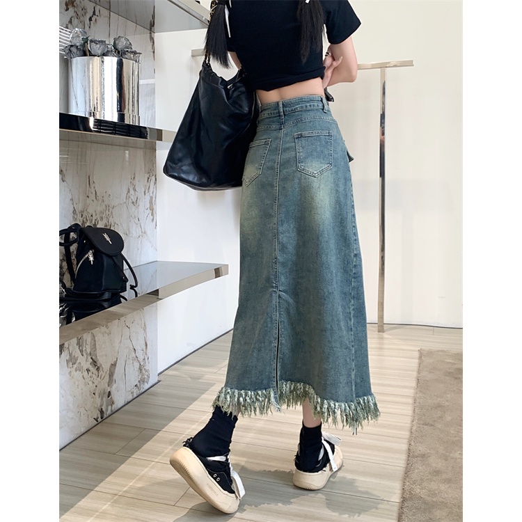 Red Manis dan pedas rok celah wanita musim panas gaun pinggang tinggi rumbai tas denim pinggul rok biru slim mid-panjang rok a-line