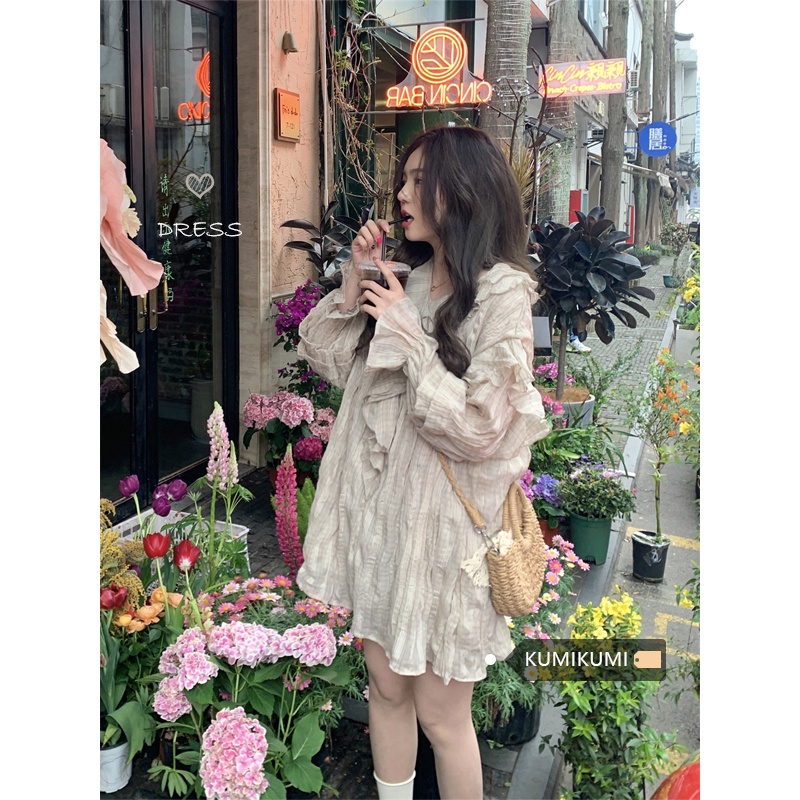 Red kumikumi ruffled V-neck long-sleeve dress women s spring loose all-match doll skirt short skirt