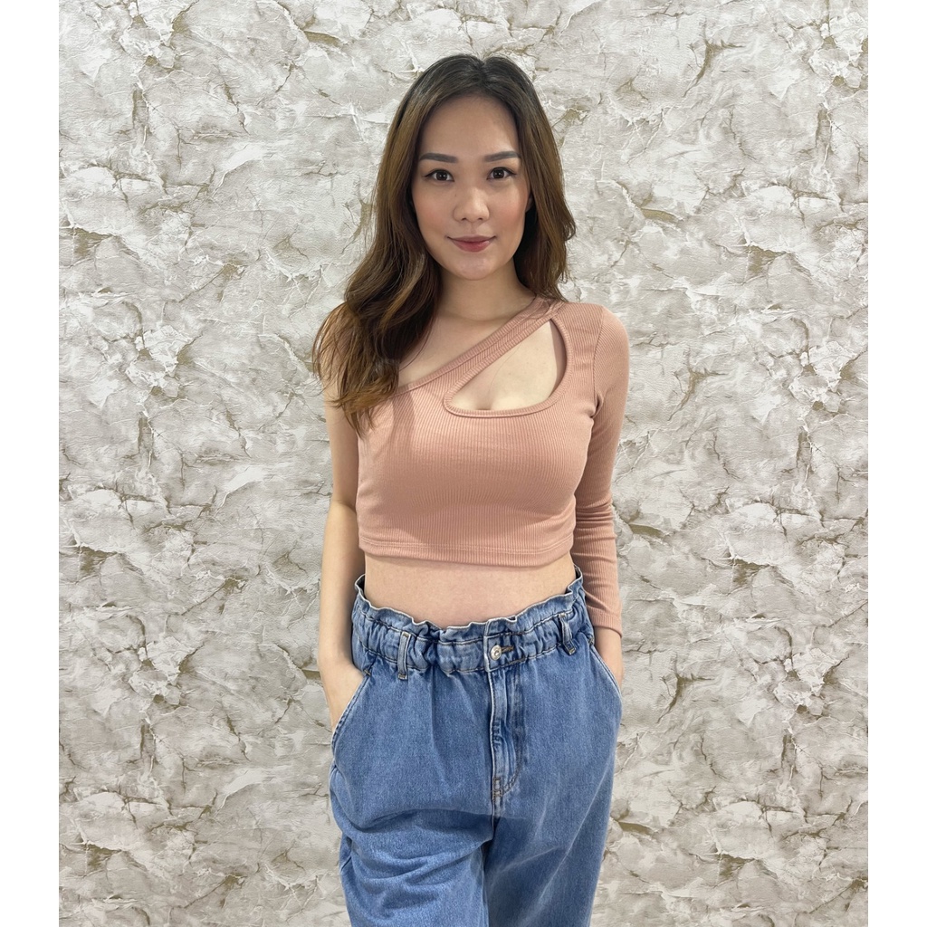 MODAVIE - MAREN CROP TOP One Longsleeve Crop Tee Baju Atasan Satu Lengan Panjang Tarzan