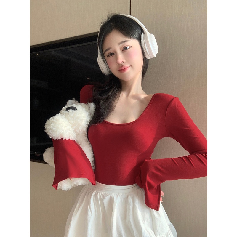 Red Murni Keinginan Besar Leher U Lengan Panjang T-shirt Wanita Musim Semi 2023 Seksi Ketat Elastis Dalam Kemeja Pendek putih Top