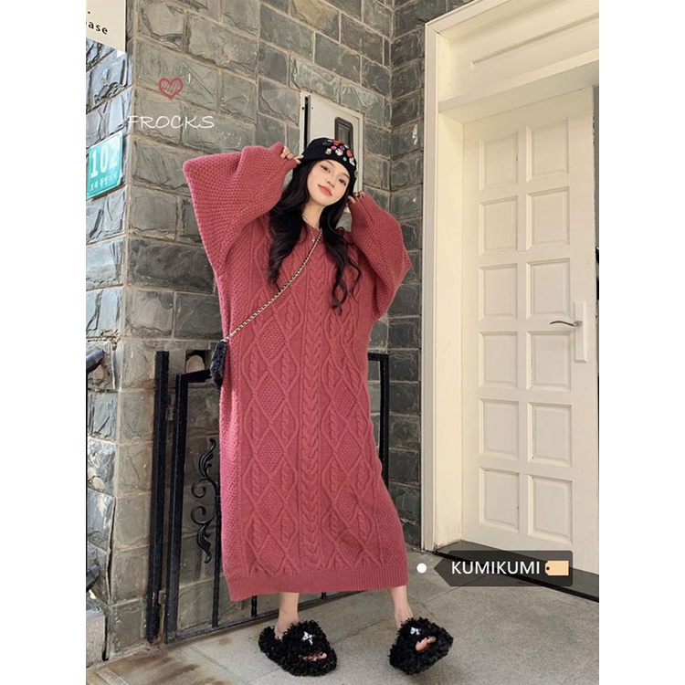 Red French twist knitted dress wanita musim gugur dan musim dingin longgar gaya malas rok sweter tebal bottoming rok mid-length