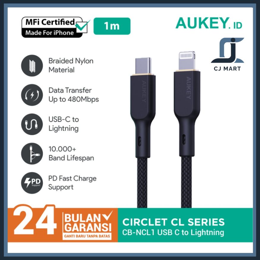 Kabel Charger iPhone Aukey CB-NCL1 USB-C to Lightning MFi 1m - 501676