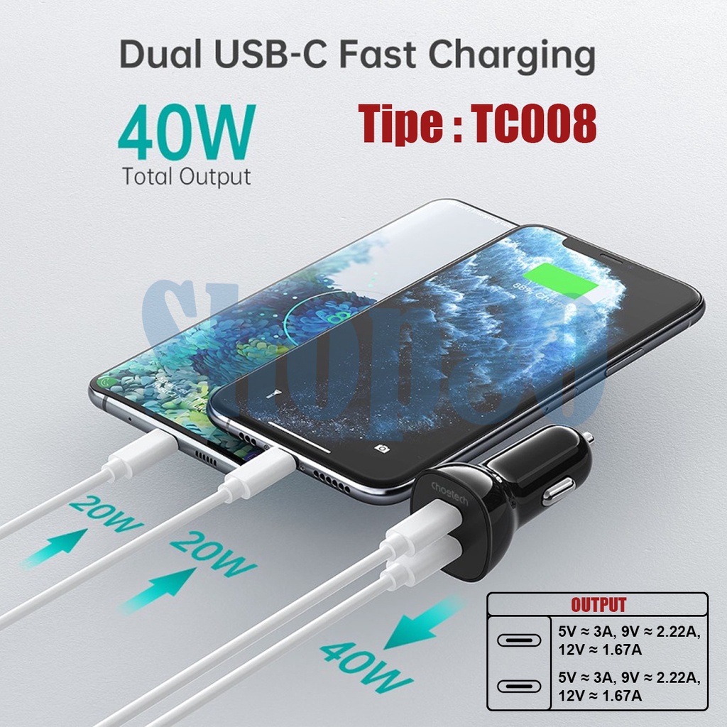 Choetech Car Charger Type C 20W USB 18W Fast Charging Mobil PD QC 3.0 Dual Type C USB 40W / 38W