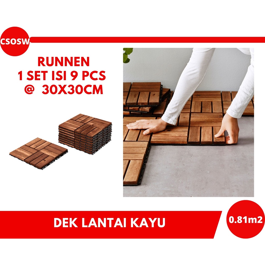 RUNNEN Dek Lantai Kayu Outdoor Brown-Stained Floor Decking 9Pcs @ 30x30Cm