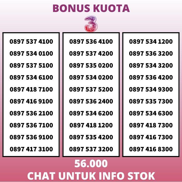 Nomor Cantik Three Kartu Perdana Tri 11 Digit Rapih Nasional Simcard 4G Bonus Kuota