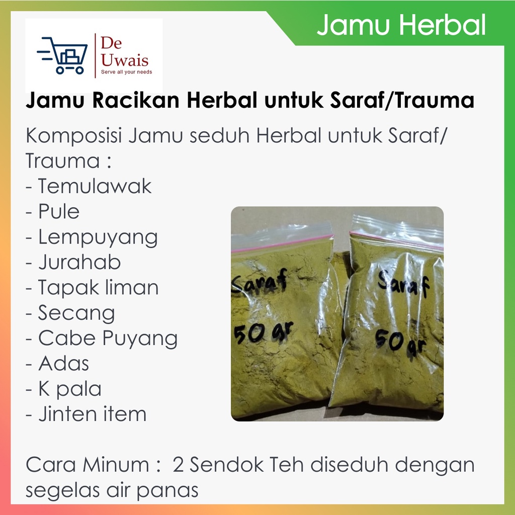 

Jamu Bubuk Seduh Racikan Berbagai Bahan Herbal Untuk Saraf / Trauma