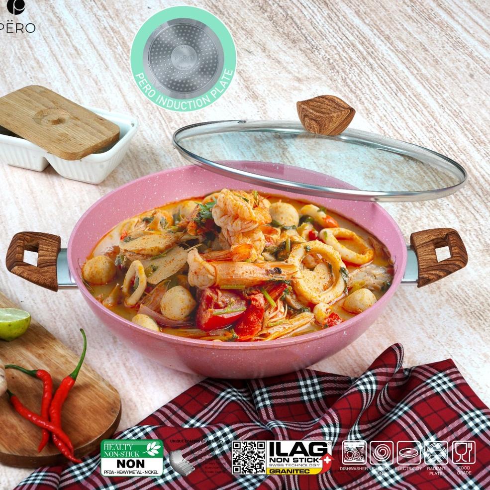 PALING LARIS PERO WOK PAN 32CM + GLASS LID BIOGRANITE / NONSTICK / SEMI PRESTO COOKWARE