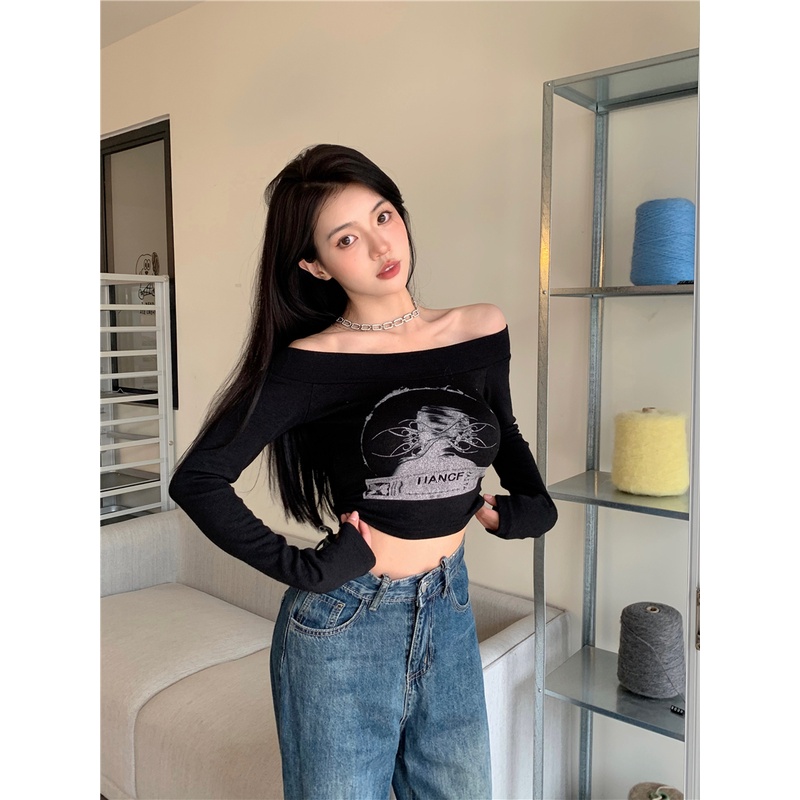 Red Black babes print one-shoulder inner wear women s spring short slim long-sleeve t-shirt off-the-shoulder bottoming shirt top ins