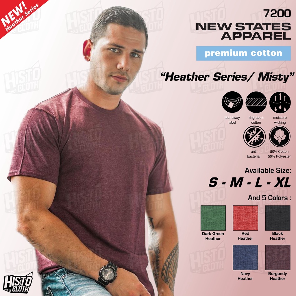 Kaos Polos NSA Premium Cotton Heather/ Misty Series 7200 New States Apparel Lengan Pendek Original