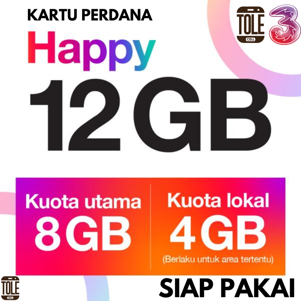 Kartu Perdana Three Happy Kuota 28GB 12GB 8GB 3GB Nomor Tri AON 2GB Nasional Simcard 4G